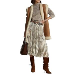 Polo Ralph Lauren Southwestern Aztec Midi Skirt Full Sun Pleated Metalic Large‎